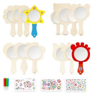 14 St&uuml;ck Bricolage Miroir en Bois Artisanat, Jouet Miroir &agrave; Main Fait Main, Miroir en Bois Bricolage avec Crayons de Couleur Autocollant Diamant, Jouet Mini Miroir Inachev&eacute; pour F&ecirc;tes Projets Vacances (WeiYiTong, neuf)