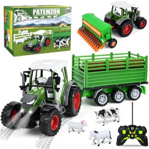 PATEMZON Tracteur Telecommand&eacute; Enfant 3 4 5 Ans, Tracteur Telecommande Jouet avec Charrue, Remorque, Bottes de Foin, Lumi&egrave;re, Ensemble Animaux Jouets, Jouet Tracteurs Cadeau de No&euml;l pour Enfants (Passionor Trade Kft., neuf)