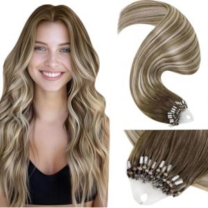 LaaVoo 50cm/50g Extension Cheveux Naturel Loops Marron Clair Balayage Extension Froid Cheveux Naturel Balayage Brun Clair A Blond Platine Extension Micro Locks Cheveux Naturel #8/60/8 (Laavoo, neuf)