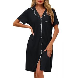 Lovasy Chemise de Nuit Femme Coton &agrave; Manches Courtes Chemise de Nuit L&eacute;ger Col en V Classique Robe De Nuit Boutonn&eacute;e Devant Tee Shirt de Nuit Femme Grande Taille avec Poches Lat&eacute;rales,A-Noir,XL (Lovasy Direct, neuf)