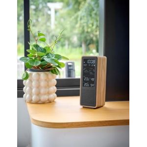 THOMSON Enceinte Bluetooth 5.3 et Station M&eacute;t&eacute;o Sans Fil, Radio FM, Horloge Radiopilot&eacute;e, Thermom&egrave;tre et Hygrom&egrave;tre Int&eacute;rieur/Ext&eacute;rieur, Qualit&eacute; de l'Air, Structure Bois - Noir - WS102TBK (GamesJ, neuf)
