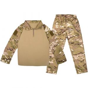 QIYUANT Enfant Ensembles T-Shirt & Pantalon Tactique Camo Airsoft Militaire Camouflage Printemps Été Automne Manche Longue Combat Chasse Randonnée Camping en Plein Air (CP/T-Shirt + Pantalon, 140) (Qiyuant, neuf)