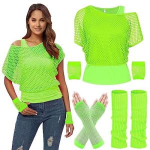 WILDPARTY Déguisement Année 80 90 Femme Fluo T-shirt Resille, Débardeur Jambières Gants en Maille Costume, Kit Annee 80 Femme Accessoires Carnaval Vêtements D'aérobic Fête Thème (AMS-EU, neuf)