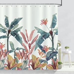 Bonhause Rideau de Douche Feuille de Bananier Tropicale Vert 180 x 200 cm Rideau de Bain Tissu Polyester Anti Moisissure Imperméable Lavable Rideaux Salle de Bain avec 12 Crochets pour Baignoire (Bonhause EU, neuf)