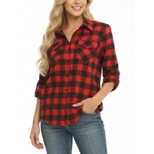 Famrrifuu Chemise a Carreaux Femme Classique Chemisier en Flanelle Bucheron Western &Eacute;l&eacute;gant Blouse 100% Coton D&eacute;contract&eacute;e Shirt, Rouge Noir, XXL (TengGD, neuf)