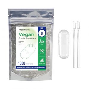 ATLEMISME G&eacute;lules Vides V&eacute;g&eacute;tales Taille 0 - Lot de 1000 avec 2 Cuill&egrave;res - Sans G&eacute;latine - G&eacute;lules Faciles &agrave; Remplir et &agrave; Dissoudre Rapidement - Id&eacute;ales pour Compl&eacute;ments Alimentaires et Poudres (ATLEMISME, neuf)