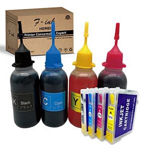 F-INK Compatible avec Epson T0715 ou T071, Cartouche d'encre Rechargeable et Encre de Bouteille 4x50ml pour T0711 Noir T0712 Cyan T0713 Magenta T0714 Jaune, avec puces Arc (ZHHEMEI, neuf)