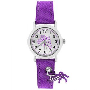 Crystal Blue Montre pour fille - Motif cheval - Analogique - Bracelet en textile avec pendentif scintillant, Violet, lanière (watchteam, neuf)