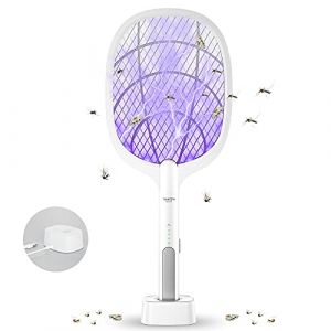 DANGZW Raquette Anti-moustiques, 2 en 1 4000V USB Rechargeable Tapette &agrave; Mouches Electrique avec Base de Chargement Contre Moustiques, Mouches, Insectes, Volants (DIGDAN STORE, neuf)