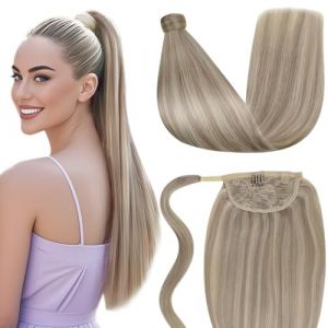LaaVoo Extension Queue de Cheval Naturel Blonde Bleach Extension Naturel Cheveux Queue de Cheval Blonde Cendrée Balayage Bleach Blonde 35cm/70g Extension Cheveux Naturel Blond #18/613 (Laavoo, neuf)