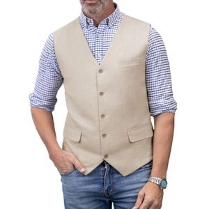Solovedress Gilet de costume &eacute;l&eacute;gant pour homme Gilets pour hommes Gilet d'&eacute;t&eacute; en lin pour mariage et f&ecirc;te, beige, M (solovedress, neuf)