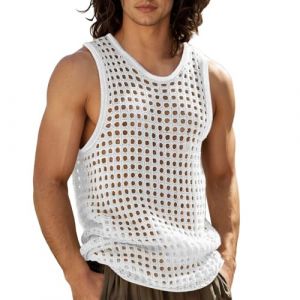 Foweknow Débardeur en maille transparente sans manches pour homme - T-shirt en maille filet transparente - Respirant - Léger - Décontracté - Pour l'été - Sport, Blanc (02), L (ROTPMS, neuf)