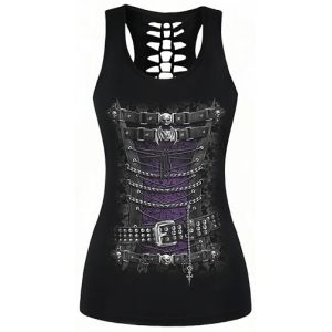 Ocean Plus Femme Crâne Sport Débardeurs Gothique Cache-cœur Gilet d'entraînement sans Manches Chemise Criss Cross Noir T-Shirt Halloween (3XL (Brustumfang: 110 cm), Corset Punk) (Ocean Plus, neuf)