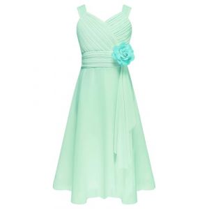 Miaeowve Robe Soirée Enfant Fille Princesse Plissé Robe en Mousseline de Soie Robe Mariage Demoiselle d'honneur Robe Première Anniversaire Fête Vert Clair 9-10 Ans (Miaeowve, neuf)