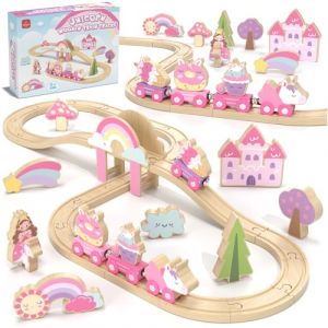 Lehoo Castle Train en Bois Licorne, Train Jouet Fille 3 4 5 6 Ans, Licorne Jouet, Compatible avec Brio, Thomas (Toi Bani EU, neuf)