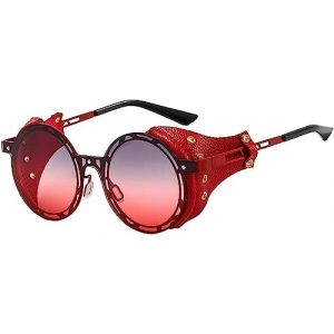 Lunettes de soleil rondes polaris&eacute;es r&eacute;tro steampunk pour hommes et femmes lunettes de soleil en m&eacute;tal mode cuir avec panneau lat&eacute;ral style gothique lunettes de soleil rondes (Une taille,Rouge) (ZihangDirect, neuf)
