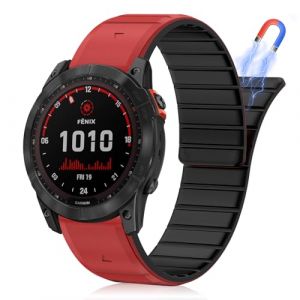 HaruYo Magnétique Bracelet QuickFit 26mm pour Garmin Fenix 8 51 mm/Garmin Enduro 3/Descent Mk3i/GARMIN Tactix 7 AMOLED/Garmin Fenix 7X Pro Solar/7X Pro/7X/6X Solar, Silicone Bracelet Rouge Noir (CcYang_Tree, neuf)