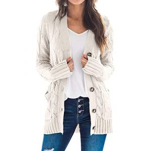 JFAN Gilet Femme Cardigan Long &agrave; Col en V Tricot &agrave; Manches Longues pour Femme Cardigan de Poche Devant L&eacute;ger Chic et Elegant Automne Hiver V&ecirc;tements,Blanc cr&egrave;me M (JFan, neuf)