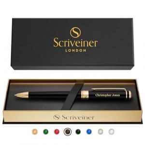 Scriveiner Stylo à bille noir personnalisé - Stylo de luxe, laque noire, finition or 24K, recharge en encre Schmidt, cadeau gravé idéal pour hommes et femmes, gravure personnalisée du nom. (SCRIVEINER, neuf)