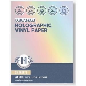 Hayes Paper Co. Lot de 36 feuilles de papier autocollant en vinyle imprimable A4 - Papier vinyle holographique compatible avec les imprimantes &agrave; jet d'encre - R&eacute;sistant aux d&eacute;chirures et aux rayures - (Hayes Paper Co., neuf)