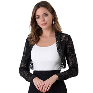 Allegra K Boléro Dentelle Florale Femme Cardigan Court Ouvert Devant à Manches Longues Boléro Élégant pour Invité de Mariage et Cocktail Gilet Court Demi-Transparent Noir M (Weisser Berg, neuf)