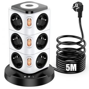 Acodot Multiprise 12 Prises, Prise Multiple Multiprise avec USB, Multi Prise Parafoudre et Surtension avec 4 Interrupteurs, Veilleuse Design Originale et USB-A, USB-C Rallonge Multiprise 5M 2500W (mingsheng-EU, neuf)