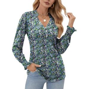 Cuptacc Tee Shirt Manche Longue Femme Col en V Chemisier Femme Tunique Couleur Unie D&eacute;contract&eacute; Top Noir Bleu Floral, Petit S 36 (CuptaccFashion, neuf)