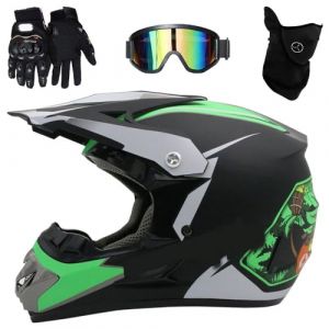 Casque de Motocross IntéGral, Avec Lunettes, Gants, Masque, éQuipement de Protection Pour Jeunes Enfants, VTT, BMX, Quad, Dirt Bike(Green ghost head,S(52-53cm)) (YUJINGNA, neuf)