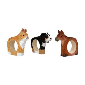 your castle Lot de 3 ronds de serviette sculpt&eacute;s &agrave; la main Motif animal chat chien cheval en bois peint &agrave; la main polyvalent avec base stable 8 x 6 x 2 cm (get2trade, neuf)