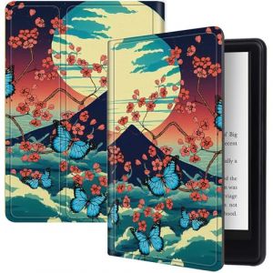 Étui pour Kindle Paperwhite 12{^>e<^} génération 2024 (7") et Kindle Colorsoft Signature Edition 7" avec support Fuji Sakura papillon, support pliable multi-angles de vue avec mise en veille et réveil (BWEGRHE, neuf)