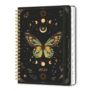 Agenda 2026 Journalier et Semainier, Carnet de Plan Spiral&eacute; Format A5 sur 12 Mois (Janvier 2026 - D&eacute;cembre 2026), Avec Poche Int&eacute;rieure Transparente et Lacet &Eacute;lastique - Papillons Verts (LONELY OAK, neuf)