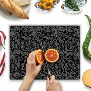 Planche à découper en verre 40x30cm - Planche à découper en verre, Planche de cuisine en verre, Hygiénique, décorative et résistante à la chaleur - Résistant aux rayures - Noir avec icônes (Kitchenville Home & Kitchen, neuf)
