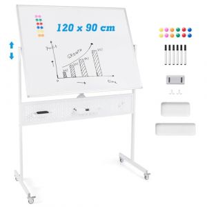 GIANTEX Tableau Blanc Mobile Double Face 120 x 90 cm, Tableau Magnétique sur Pieds Réglable en 2 Hauteur, Cadre en Métal, Panneau Perforé, 12 Aimants, Tableau Blanc Roulette, Blanc (GIANTEX, neuf)