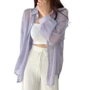 JPSSJGYH Chemise en Mousseline avec Protection UV, Couverture de Plage l&eacute;g&egrave;re &agrave; Manches Longues, Chemise en Mousseline avec Protection Solaire pour Femmes (Purple,Taille Unique) (tengfei store, neuf)