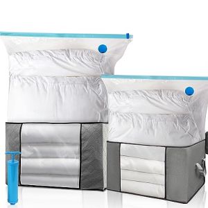 Housse de Rangement Sous Vide XXL, Kit de Rangement Grande Capacité - 2 Sacs Sous Vide, 2 Sacs de Rangement avec Poignées de Renforcement et 1 Pompe, pour Duvet Couette Oreillers Vêtements la Literie (Leavans, neuf)
