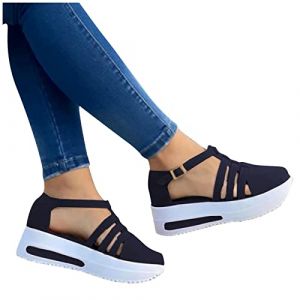 Sandale Femme Compensées Confort Mules Été Et N u-Pieds Plateforme Plate Chaussures Bout Fermé Sandale Bride Cheville Noir Été Espadrille Compensées Plateforme Plates Chaussures à Bout (Black-D, 38) (geherl, neuf)