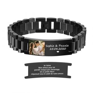 Gamtic Bracelet Homme Personnalis&eacute; Photo Gravure, Grav&eacute; Prenom/Texte/Photo, Bracelet R&eacute;glable Maillons Acier Inoxydable Cadeau Personnalis&eacute; pour Homme Papa Mari Petit-Ami (Noir-Photo Color&eacute;) (Gamtic, neuf)