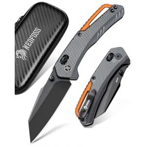 NedFoss KROKODIL couteau pliant, 14C28N acier couteau survie, Longueur lame 7.5 cm, manche aluminium avec clip ceinture, axis lock, mini couteau de poche, Rev&ecirc;tement en titane bronze (AlonaMagic, neuf)