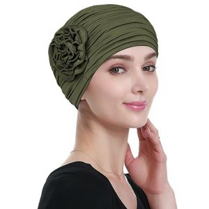Alnorm Turban &agrave; Fleurs pour Femmes Bonnet Enveloppe de t&ecirc;te Casquette Chimio Chapeau Vert Olive (HELLOMORN, neuf)