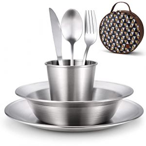 Odoland Set de Couverts Camping Inoxydable 7 en 1, Kit de Vaisselle Camping Poli pour 1 personne avec Assiette Bol Tasse Fourchette Cuillère Couteau Sac de Rangement pour Camping Randonnée Pique-nique (Aveka, neuf)