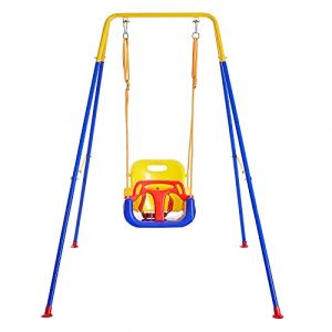 FUNLIO Balançoire 3 en 1 pour Bebe avec 4 Sacs de Sable, Balancoire pour Enfant Intérieure/Extérieure avec Support en Métal Pliable, Aire de Jeux Exterieur Enfant, Facile à Assembler et à Ranger (EletreeEU, neuf)