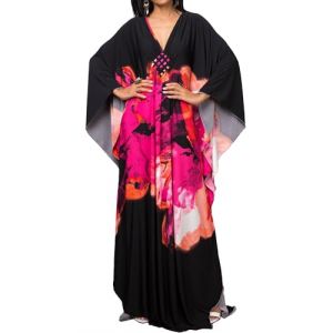 Bsubseach Caftan Femme Robe de Plage Grande Taille Longue Kaftan Maxi Ete Cache Maillot de Bain Djellaba Tunique Boh&egrave;me Boho Cover Up Rose Orange (Bsubseach-EU, neuf)
