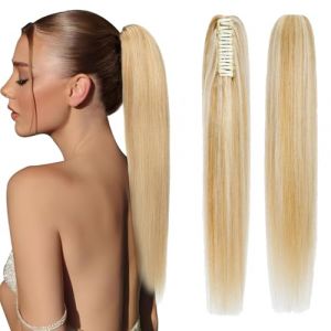 Elailite Queue de Cheval Naturel Extension Rajout Vrai Cheveux Humain Lisse - Ponytail Hair Extensions Attach&eacute; par Pince (Claw on) - #18P613 SABLE BLOND MECHE BLOND CLAIR - 40 cm (Elailite Direct, neuf)