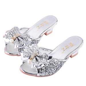Monissy Sandale &agrave; Talon Haut Mules Bouche de Poisson Argent&eacute; Paillette Noeuds M&eacute;tal Crystal Incrust&eacute; Perle Fille Princesse D&eacute;guisement Chaussures de Danse No&euml;l Halloween, Argent, 36 EU (Monissy, neuf)