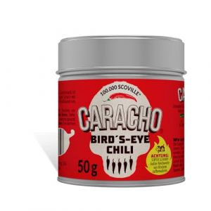 CARACHO 50 g de flocons de piment Bird Eye – 100 % extrêmement épicé – Poudre de piment dans boîte à épices en métal – Scoville : 100 000 – 200 000 / spécialité piment (EUROSHARE, neuf)