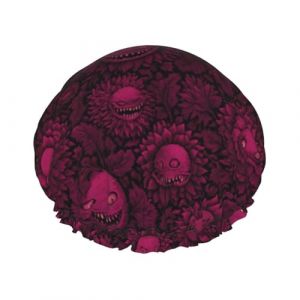 Grand bonnet de douche r&eacute;utilisable pour femme &ndash; Imprim&eacute; plante carnivore rose double couche pour la douche avec doublure en PEVA et corde &eacute;lastique (MINGNX-US, neuf)