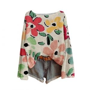 2025 Pull Femme Hiver Vintage Imprimé Floral Bohème Pull Over Tricoté Chic Et Élégant Col Rond Manche Longue Sweater À Motif Hauts Oversize Pas Cher Vetement 2025 Femme Confortable (Anglekie, neuf)
