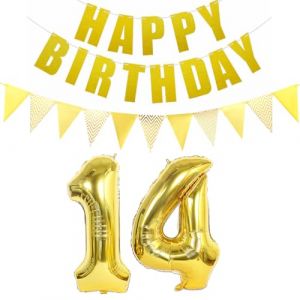 Lot de 2 ballons en forme de chiffre 14 dor&eacute; + guirlande Happy Birthday + banni&egrave;re dor&eacute;e pour 14e anniversaire de jeune fille 14 ans D&eacute;coration d'anniversaire (Ohaoduo, neuf)