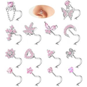 Milacolato 14Pi&egrave;Ces 20G Piercing Nez Or pour Femme Acier Inoxydable avec CZ en Forme de L et en Spirale Anneaux de Nez de Argent Coeur Papillons Clous de Nez Bijoux Piercing pour Femme Argent S (qingtxc, neuf)