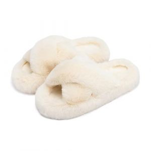 Chantomoo Chaussons Femme Ouvertes en Mousse Mémoire de Forme–Doublure Fausse Fourrure Extra Douce–Semelle EVA Anti-Dérapante pour Maison & marcher 4 Saisons–Cadeau Élégant–Croix beige,38/39EU (Chansing, neuf)
